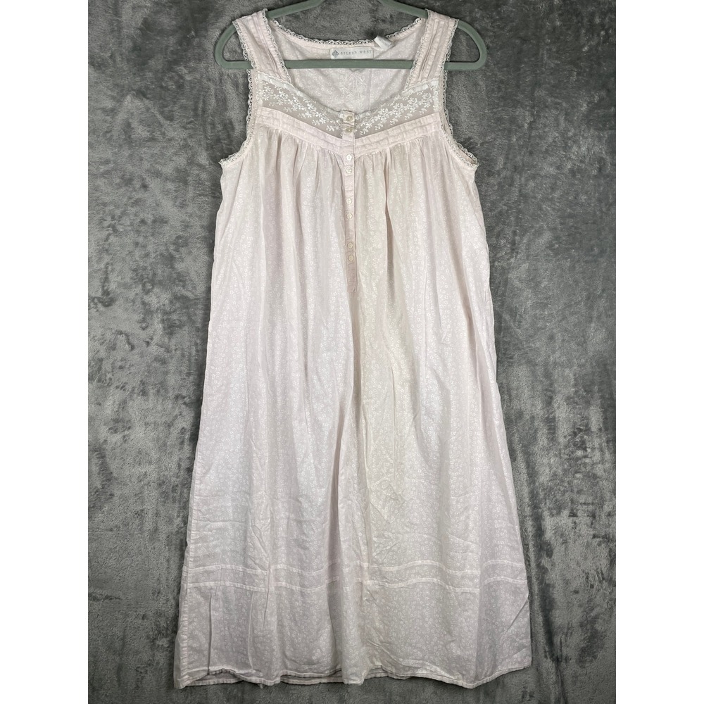 Eileen West Nightgown Womens Medium Pink Very Good Floral Cotton Lace Sleeveless